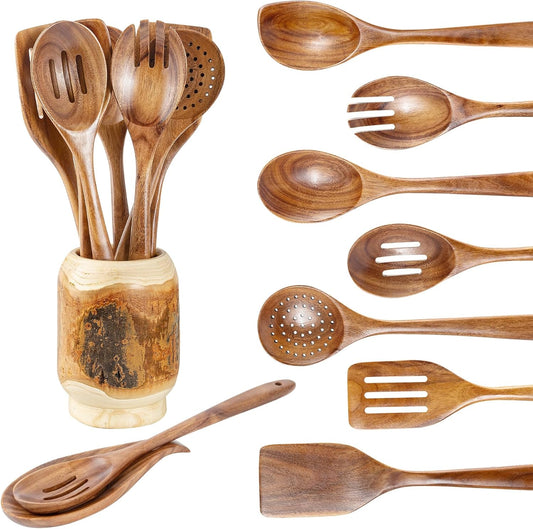 Gudamaye 13 inch Long Wooden Spoons for Cooking,Wooden Utensils for Cooking with Utensils Holder,9 PCES Wooden Kitchen Utensils Set with Utensils Holder and Spoon Rest,Natural Teak Wooden Spoons Set
