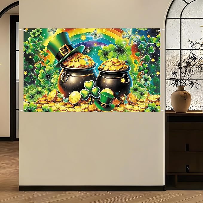 St Patricks Day Banner Backdrop 71"x43" St Patrick's Day Decorations Shamrocks Happy St. Patrick's Day Holiday Backdrop Wall Decor Bulletin Board for Indoor Outdoor Party