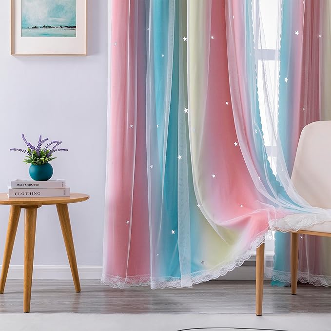 XiDi Dream Star Blackout Curtains for Kids Rooms Girl Princess Curtain for Daughter Bedroom Window (Pink Blue, W34 X L84)
