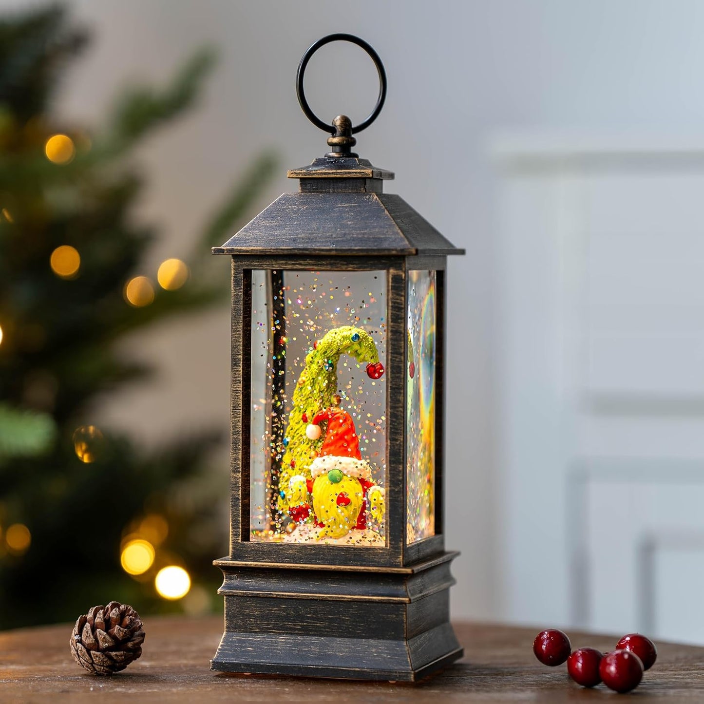 10'' Christmas Gnomes Snow Globe Lantern Lighted Santa Elf Musical Water Lantern Swirling Glittering Home Decoration and Gift, Battery Operated or USB Powered