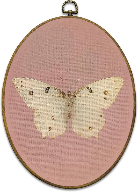 Mcehtle Vintage Butterfly Pink Wall Art Decor, Retro Cottagecore Butterfly Oval Framed Canvas Prints 8.6x11.4, Neutral Moody Farmhouse Wall Hanging Artwork Decorations for Girls Home Bedroom Living Room