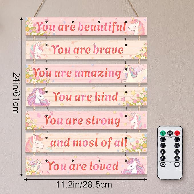 FIOBEE Girls Room Décor for Teen Girls Boys with LED Light Wall Decor for Bedroom Motivational Inspirational Wall Art Girl Room Decoration for Kids Studyroom, 8 Kinds of Lights, Pink Unicorn