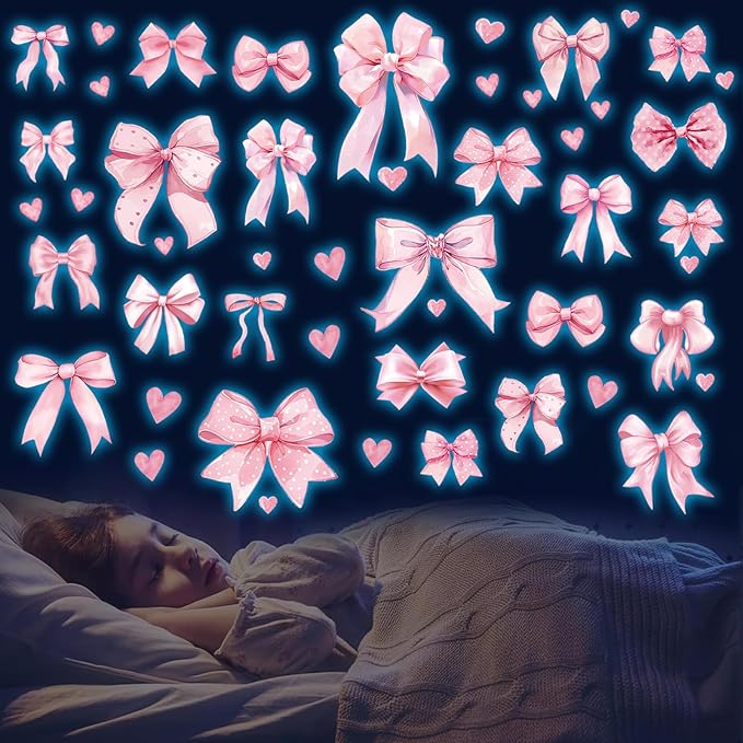 Glow in The Dark Pink Bow Wall Stickers Glowing Luminous Light Pink Bow Knot Wall Decals Watercolor Coquette Wall Art Decor Wallpaper for Nursery Kindergarten Girls Bedroom
