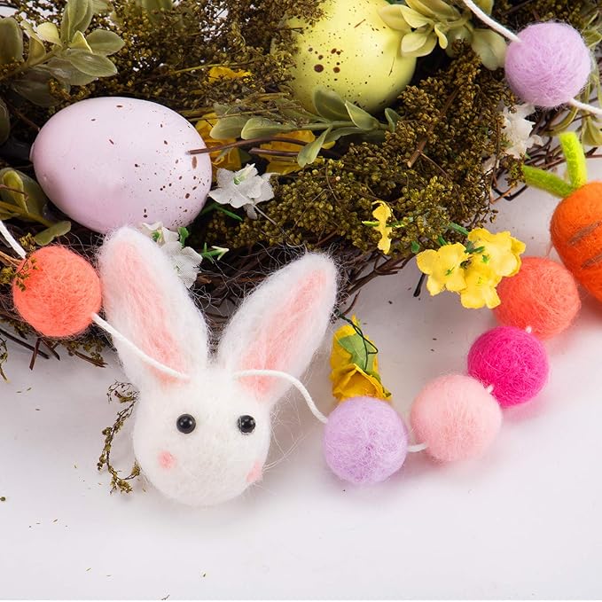 3 Pieces Easter Felt Ball Rabbit Carrot Garlands - 6.6 Feet Handmade Pom Pom Felt Ball Bunny Spring Tree Ornaments Party Favors for Easter Home Bedroom Living Room Wall Decors