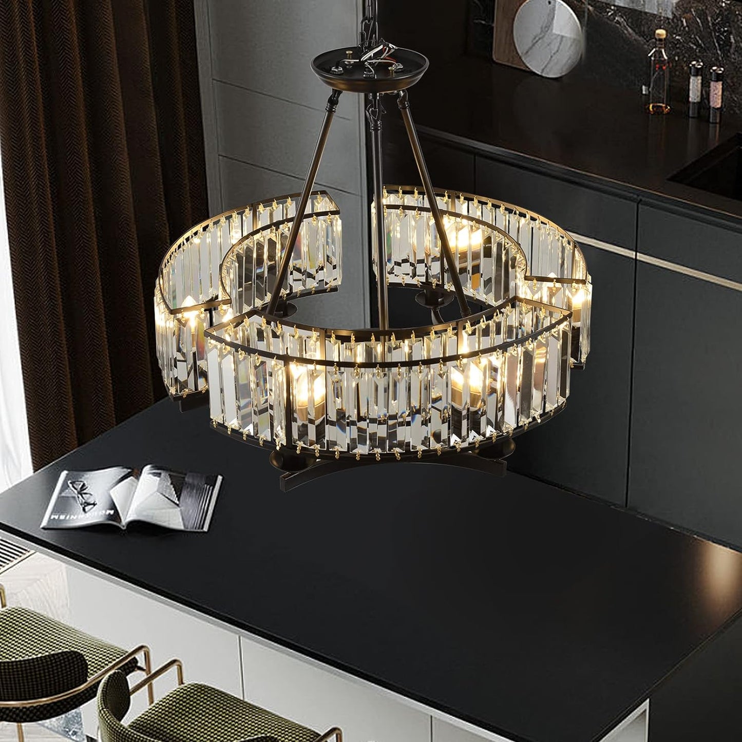 Vintage Crystal Chandelier Black 6 Lights Hanging Ceiling Light Fixture Iron Frame Pendant Lighting for Farmhouse Decoration Dining Table Living Room