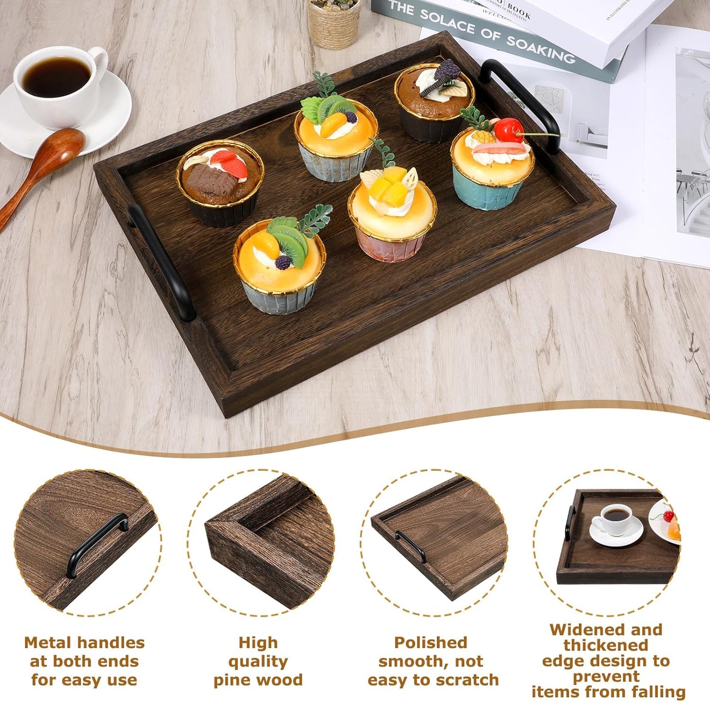 2 Pcs Rustic Wooden Serving Trays with Handle Decorative Nested Vintage Wood Serving Tray Stylish Farmhouse Decor Servings Platters for Eating, Breakfast(Large 15.8x11.8x1.2 in, Small 13.4x9.4x1.2 in)