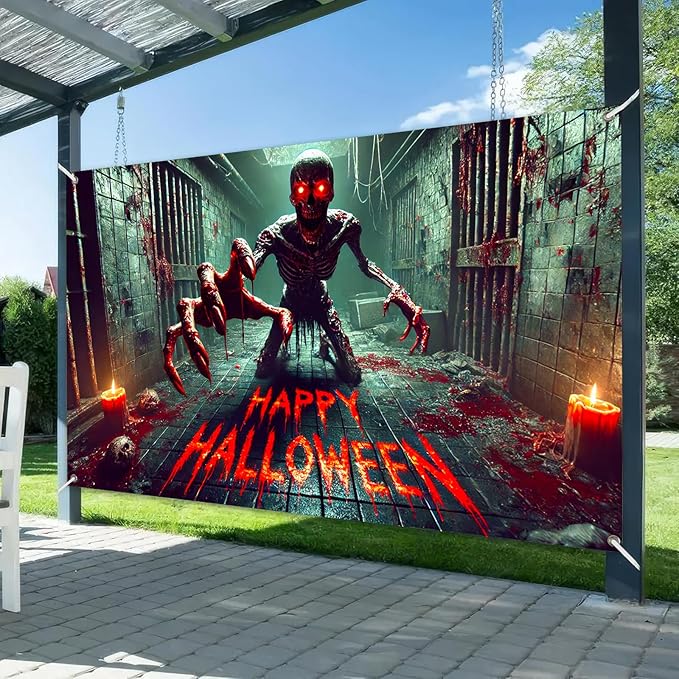 Halloween Horror Backdrop 71x43 Inch Bloody Monster Wall Banner Crawling Skeleton Decoration for Haunted House Scary Prison Hallway Decor Party Indoor Outdoor Display