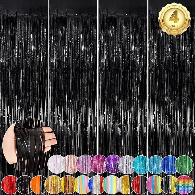 Black Fringe Curtain Party Streamers 4Pack 3.3 x 8.3 Ft Foil Fringe Backdrop Curtains for Birthday Wedding Bridal Baby Shower Holiday Tinsel Streamers Black Party Decorations Door Streamer