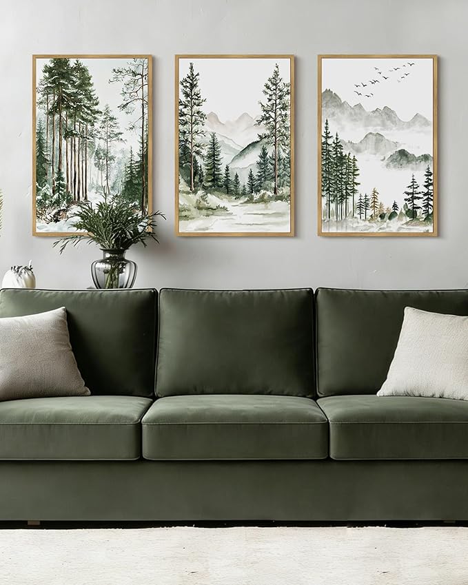 Drsoum Green Tree Forest Mountain Framed Wall Art Nature Landscape Prints Morden Wilderness Artwork Hallway Bedroom Ready to Hang 16x24in Natural Framed
