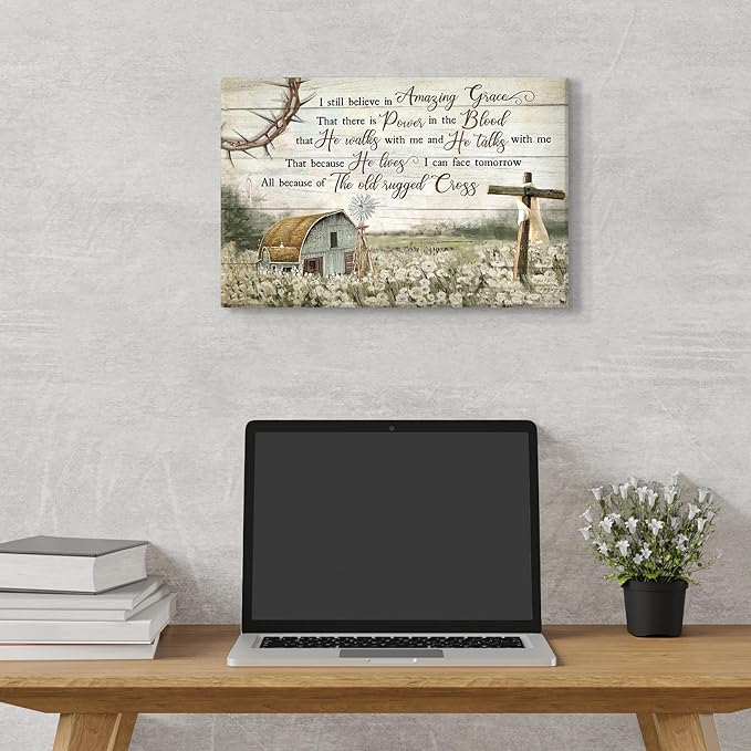 HDXUFJQ Christian Wall Art Barn Windmill Canvas Wall Decor Religious Cross Wall Art I Still Believe In Amazing Grace Picture Print Christian Prayer Decor Paintings Ready To Hang(12"x16")