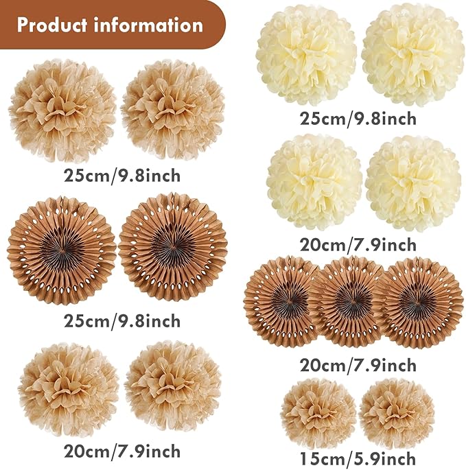 PAPER JAZZ 15 Pcs Wedding Decoration Vintage Beige Pompoms Decoration Brown Paper Fans Boho Party Decoration for Wedding Decoration Birthday Table Decoration Baby Shower