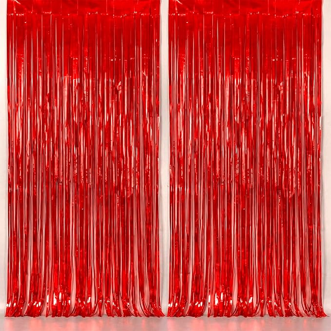 KatchOn, XtraLarge Red Streamers Backdrop - 3.2x8 Feet, Pack of 2 | Red Fringe Backdrop for Graduation Decorations 2026 | Foil Fringe for Birthday, Carnival, Casino Theme Party Decoration