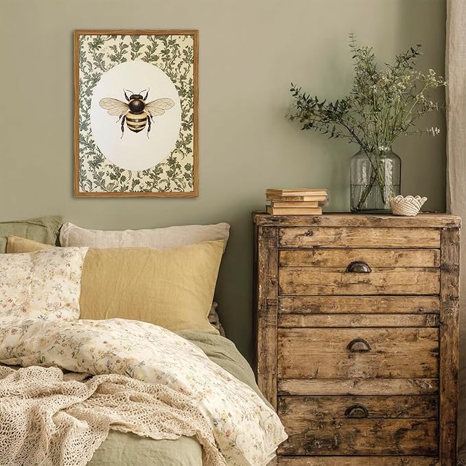 Framed Vintage Bee Wall Art, Rustic Insect Pictures Wall Decor, 3D Textured Sandstone Green Botanical Paintings Prints Cottagecore Home Decor for Living Room Bedroom Office 12x16 inch