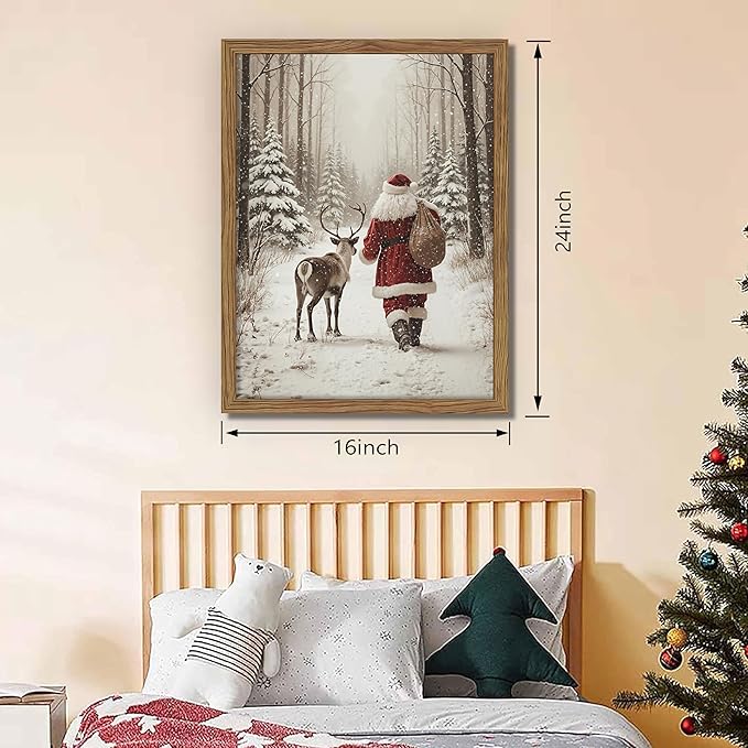 Framed Christmas Pictures Wall Decor, Santa Reindeer Winter Wall Art, Rustic Canvas Christmas Print, Winter Holidays Decor, Vintage Christmas Decorations Painting for Bedroom Living Room – 12x16in