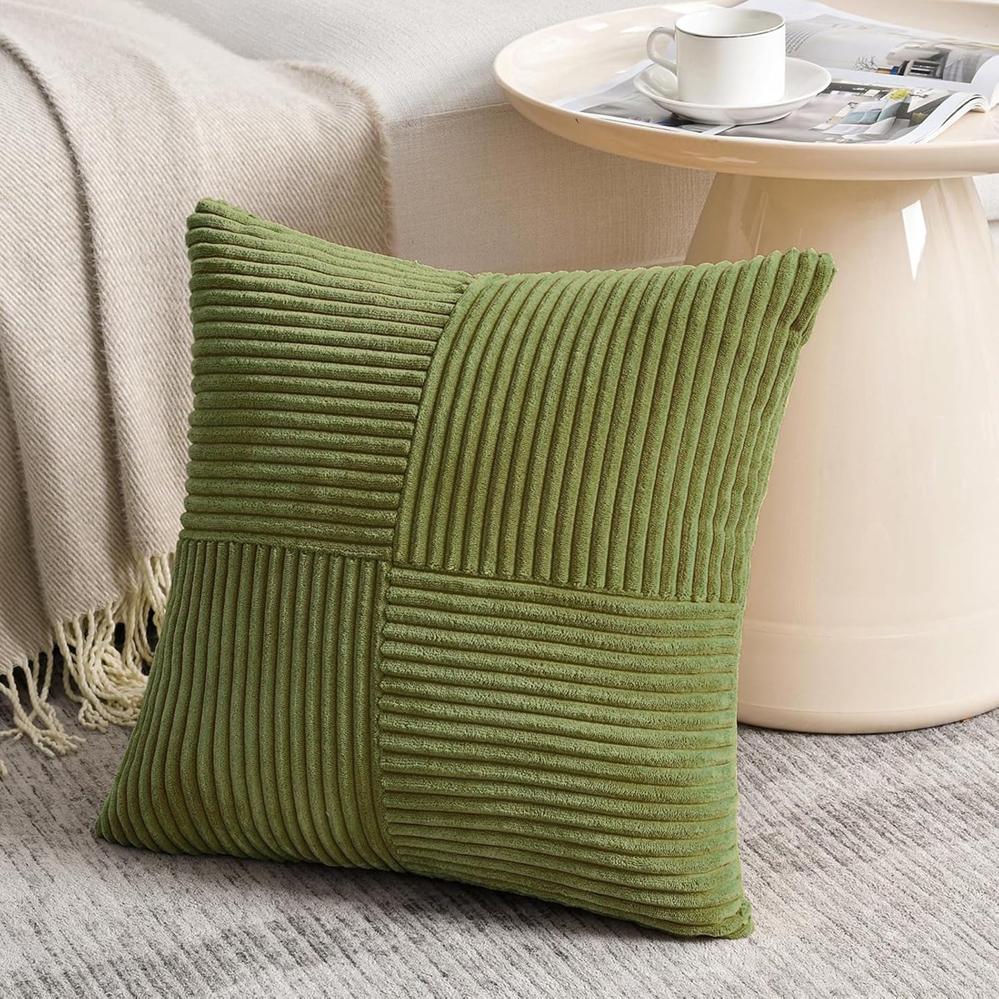 Fancy Homi 2 Packs Moss Green Decorative Throw Pillow Covers 18x18 Inch for Living Room Couch Bed Sofa, Farmhouse Boho Home Decor, Soft Corss Corduroy Patchwork Textured Square Cushion Case 45x45 cm