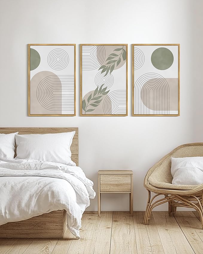 Drsoum Green Botanical Boho Wall Art Framed Modern Bohemian Sage Wall Decor Abstract Geometry Lines Prints Ready to Hang 24x36in Natural Framed