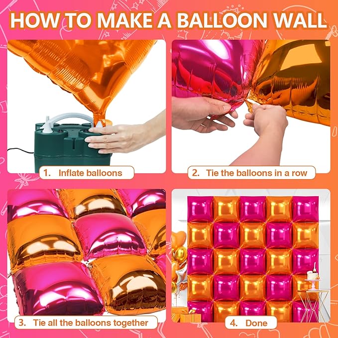 NISOCY 25PCS Rose Red and Orange Square Foil Balloons Wall Backdrop Double Sided Hot Pink Orange Balloons Arch Kit for Birthday Baby Shower Valentine's Day Wedding Tropical Party Decorations