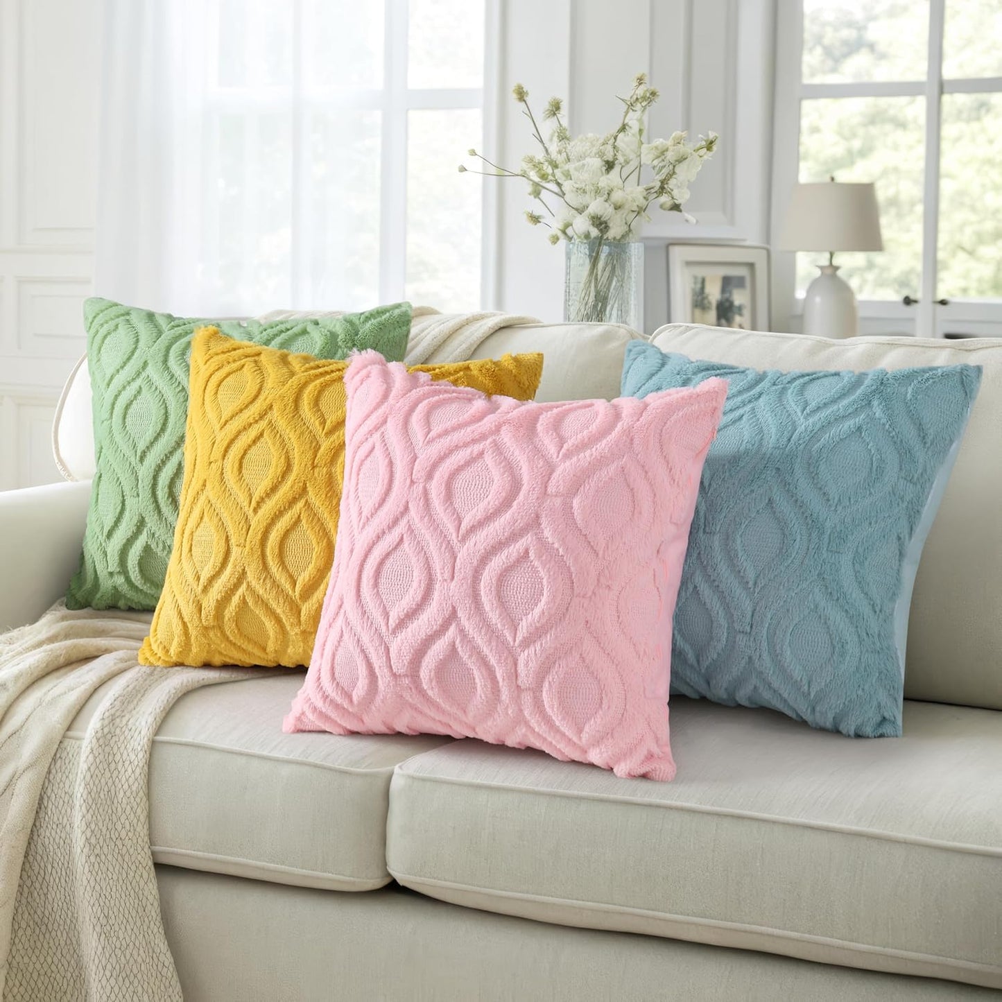 decorUhome Throw Pillow Covers 20x20 Inch Set of 2, Soft Plush Decorative Faux Fur Mustard Yellow Solid Couch Pillow Covers, Accent Farmhouse Neutral Square Euro Pillow Cases for Sofa Bed Living Room