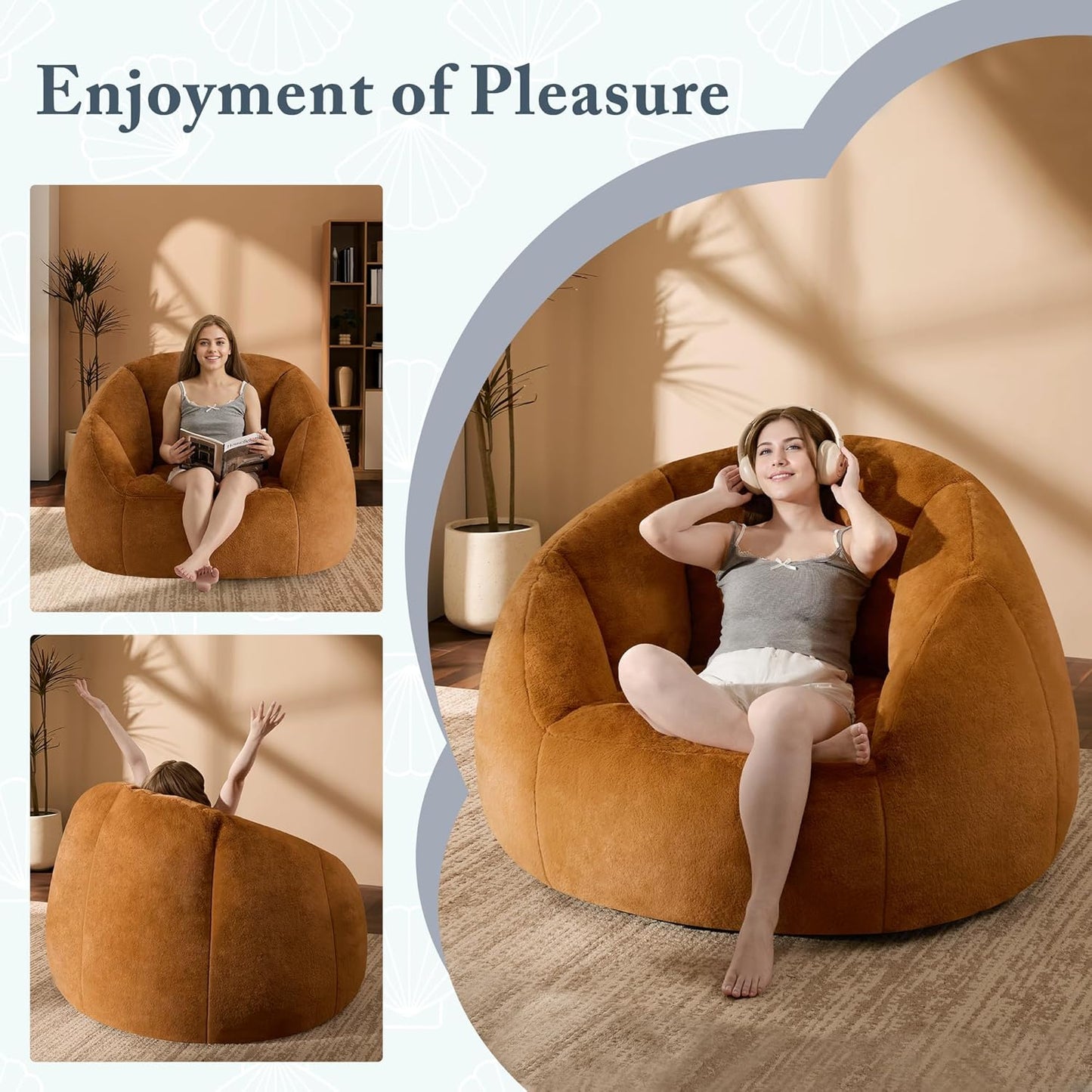 Giant Bean Bag Chaise Lounge Indoor Chair for Adults - Comfy Plush Round Shell Soft Accent Chair, Oversized Cozy Floor Sofa for Living Room, Bedroom & Game Rooms, Orange