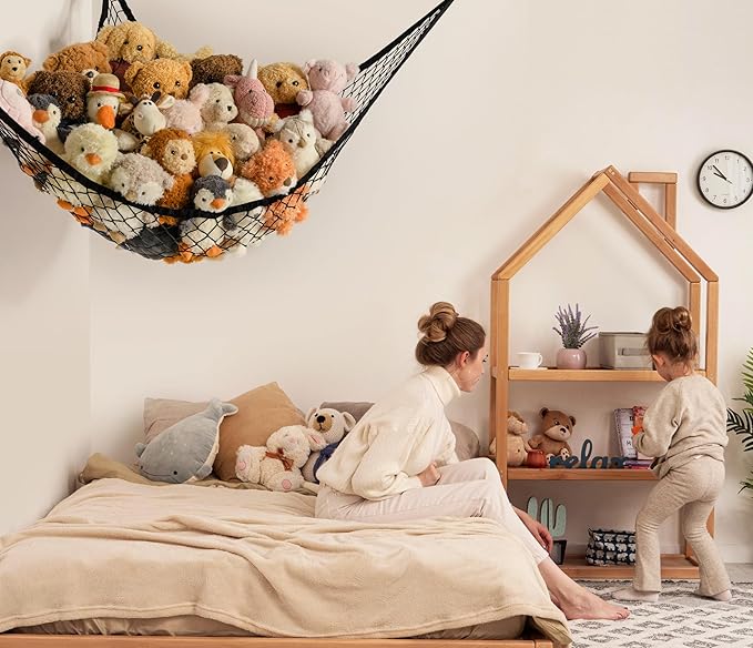 Stuffed Animal Storage Hammock Net Corner - Large Toy Hammock Net for Stuffed Animals Room Decor - Cute Stuff Animal Organizer Holder for Plush Plushie - Kids Baby Nursery Wall Bedroom Home Decor