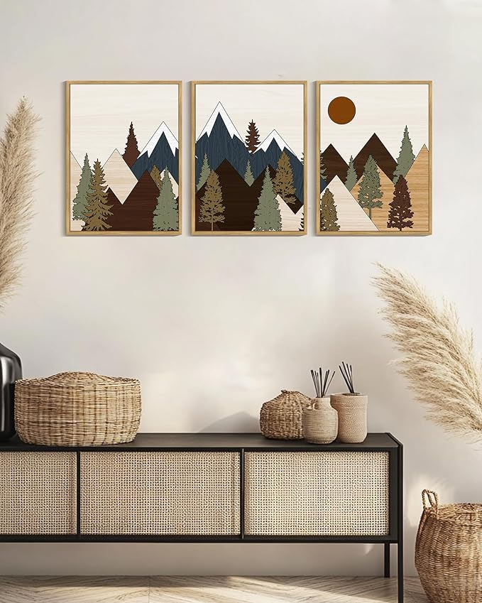 Drsoum Morden Mountains Landscape Wall Art Framed Boho Pine Tree Forest Nature Prints Boho Farmhouse Rustic Artwork Hallway Bedroom Ready to Hang 12x16in Natural Framed