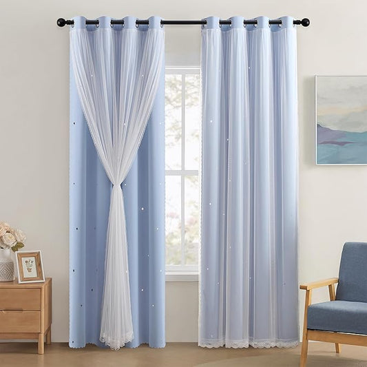 XiDi Blue Curtains for Bedroom, Girls Room Blackout Curtains, Kids Room Darkening Curtains, Light Blue Decor, 1 Panel Light Blue/52/84/1