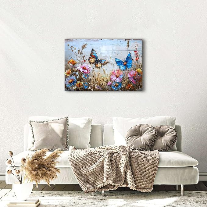 Wildflower Canvas Wall Art Butterfly Picture Wall Decor Rustic Floral Prints Poster Colorful Flowers Painting Abstract Nature Floral Landscape Artwork for Kitchen Living Room Home Decoration 24x36"