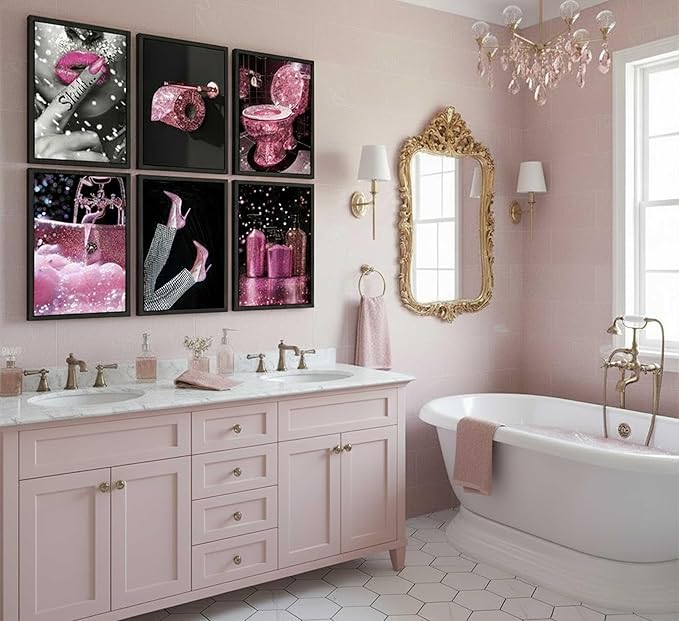 6Pcs Fashion Bathroom Canvas Wall Art Black and Pink Glam Glitter Tissue Funny Modern Women Painting Pictures Wall Decor Poster Print Artwork for Toilet Home Decoration Unframed
