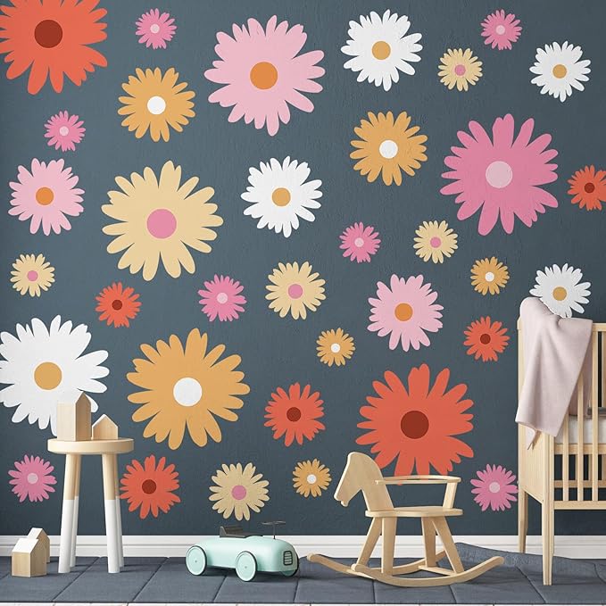 TaoBary 12 Sheet Daisy Wall Sticker Decal Removable Cute Daisy Bedroom Room Decor Flower Wall Sticker Pink White Flower Decal Wallpaper Peel and Stick for Nursery Home(Bright Color,Artsy Style)
