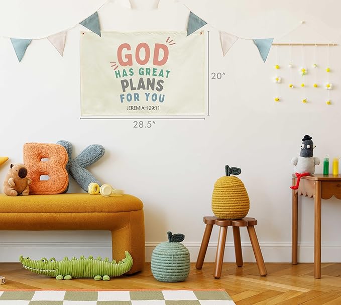 Rectangular Christian Bible Verse Scripture Canvas Banner Wall Decor-Flag Wall Sign for Baby Girl Kid,Nursery Bedroom Nursery Decor,Baby Shower Baptism Christmas Gift-God Has Great Plans for You