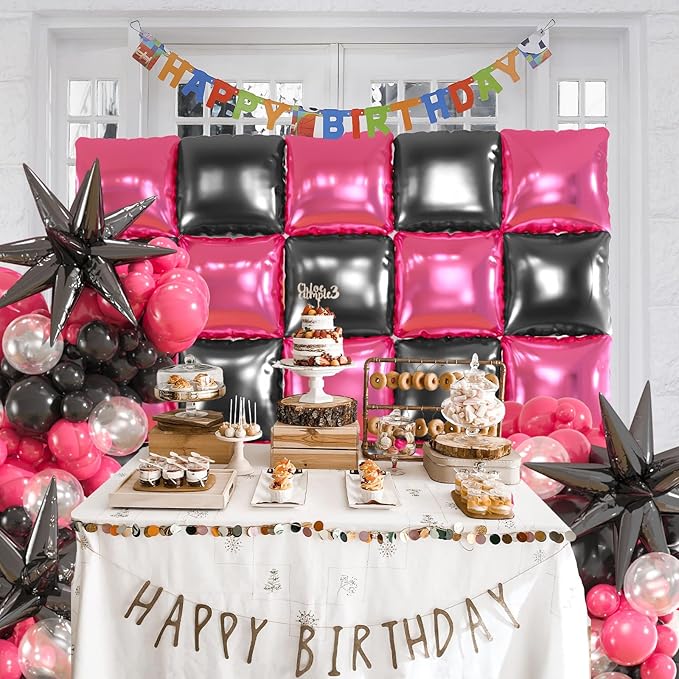 25pcs Black Pink Foil Square Balloon Wall With 139pcs Hot Pink Black Clear Balloon Arch Kit, Double Sided Balloon Tunnel for Birthday Anniversary Bridal Shower Party Decoration