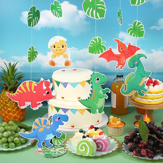 8 Pcs Dinosaur Party Decorations Dinosaur Garlands Watercolor Dino Hanging Banner Palm Leaves String Decor for Boy Jungle Dino Theme Birthday Baby Shower Party Supplies Home Wall Backdrop