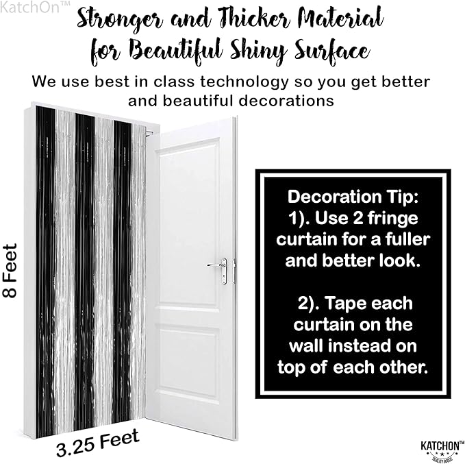 KatchOn, XtraLarge Black and Silver Fringe Curtain - 3.2x8 Feet, Pack of 2 | Black and White Birthday Decorations | Silver and Black Streamers for Graduation Decorations 2026 | Disco Party Decoration