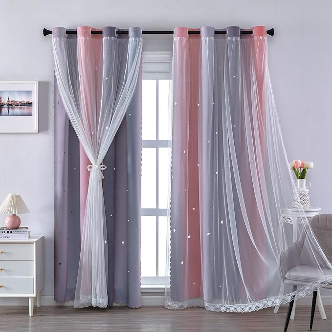 XiDi Ombre Gray and Pink Blackout Curtains for Girls Bedroom 72 Inch Length 2 Panels,Grommet Window Drapes for Kids Room Decro Pink Grey