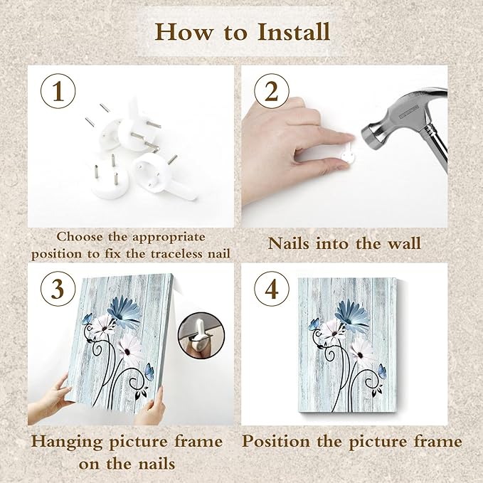 HVEST Blue Floral Canvas Wall Art Blue and White Daisy Butterfly Bathroom Pictures Wall Decor, Rustic Farmhouse Botanical Wall Art for Living Room Bedroom Home Office Decor, 12L x 16W Inches