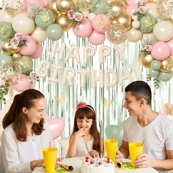 Pink and Sage Green Birthday Decorations, Pink Green Sand White Metallic Gold Foil Confetti Balloons Happy Birthday Banner Gold Butterfly Fringe Curtains Birthday Decorations for Women Girls Teens