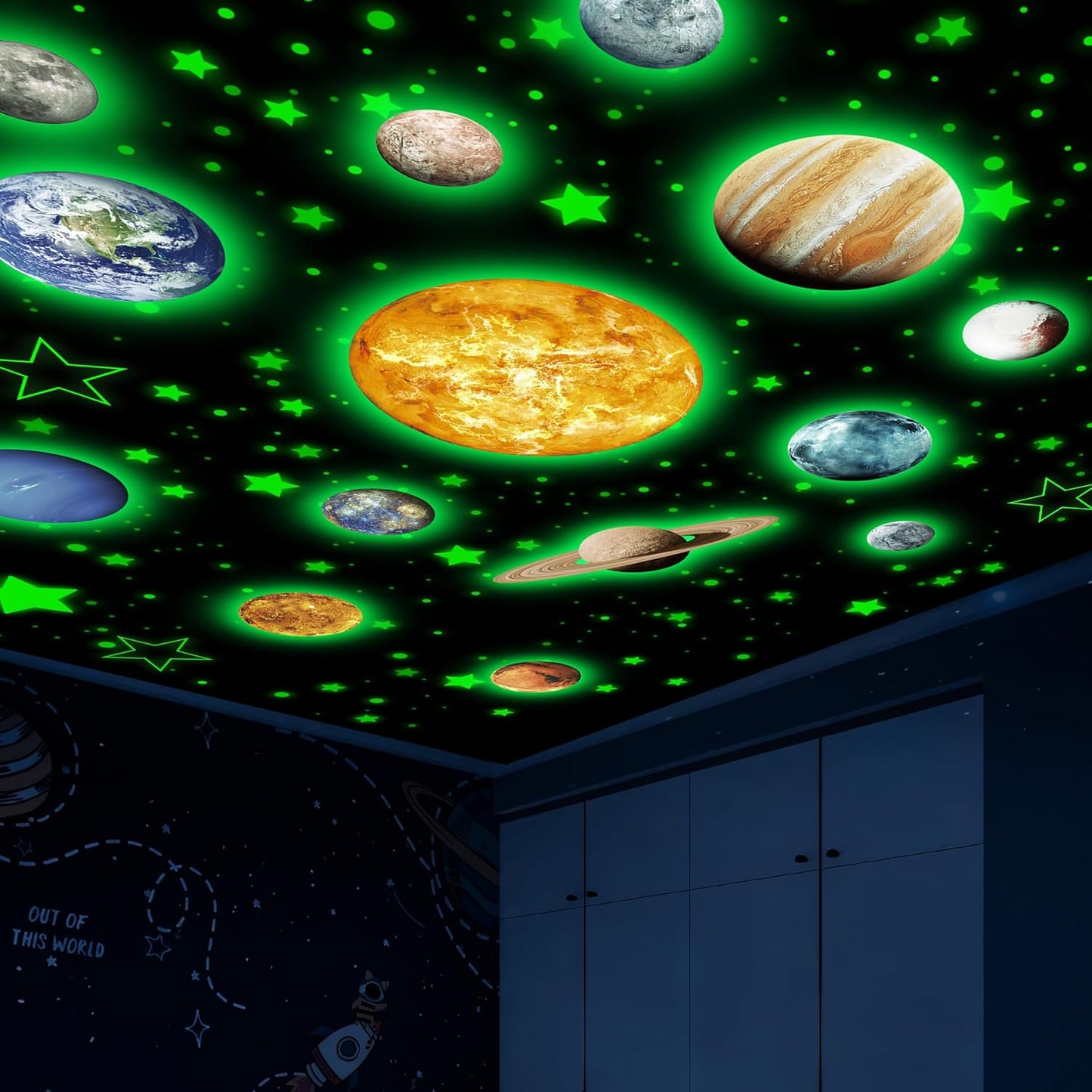 Solar System Wall Decals Glow in The Dark Stars 780 PCS, Glowing Planets Stickers for Ceiling, Nursery Wall Stickers for Bedroom, Kids Room Decorations (Green)