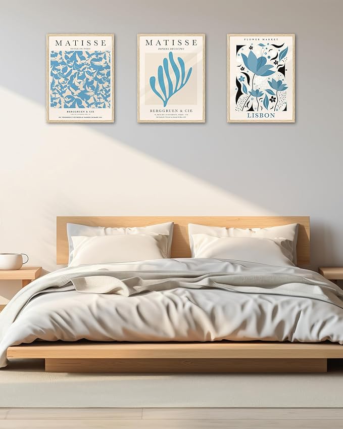 KensTro 12x16 Set of 3 Natural Oak Wood Picture Frame with 3 Blue Prints,12x16 Minimalist Natural Solid Wooden Picture Frames for 12"x16" Posters,Wall Art,Photos,Prints,Paintings