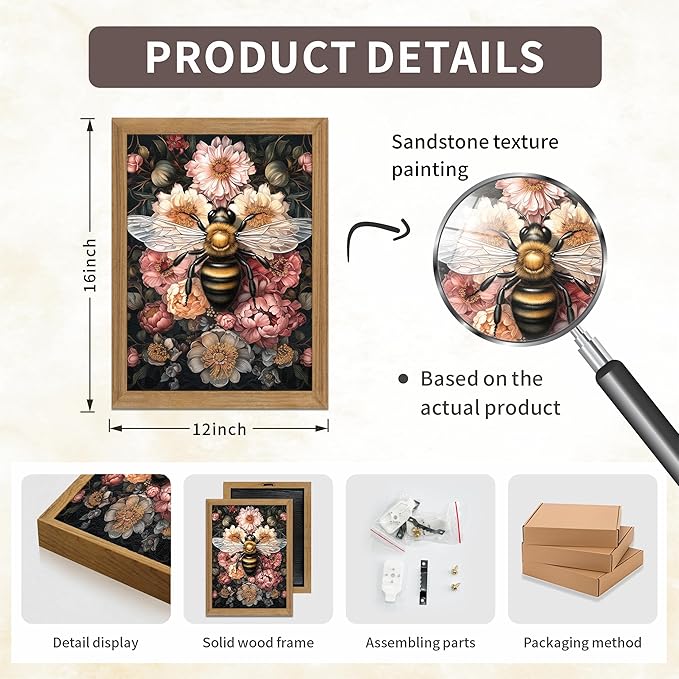 Framed Vintage 3D Textured Wall Art - Dark College Bee Flowers Wall Decor - Hand Drawn Sandstone Nature Botanical Pictures for Living Room Bedroom Home Decor 12x16in