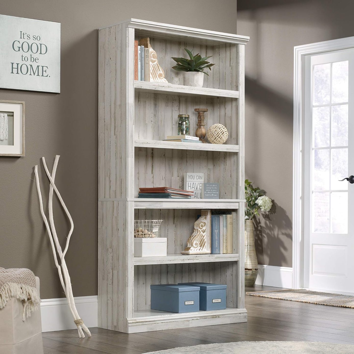Sauder 5 Tier Book Shelf Wooden Bookcase Multipurpose Bookshelf for Home Office, Living Room, in White Plank
