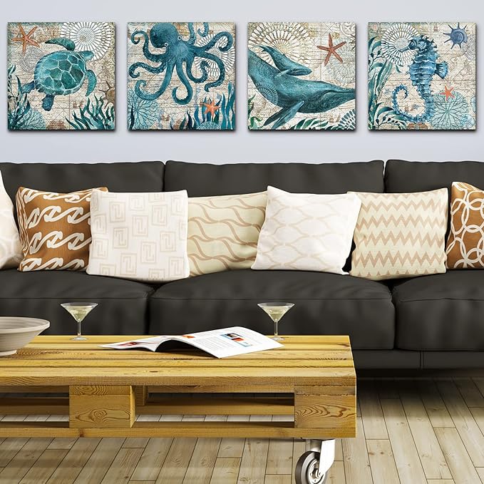 Nautical Wall Decor Beach Themed Seahorse Wall Art Coastal Bathroom Decor Teal Sea Turtle Pictures Canvas Paintings for Living Room Bedroom Home Decorations Ocean Poster Large Artwork 16x16" 4 Pcs/Set