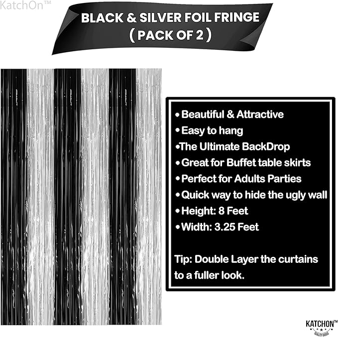 KatchOn, XtraLarge Black and Silver Fringe Curtain - 3.2x8 Feet, Pack of 2 | Black and White Birthday Decorations | Silver and Black Streamers for Graduation Decorations 2026 | Disco Party Decoration