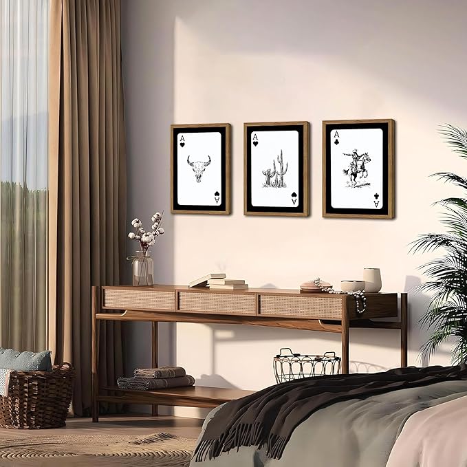 Western Cowboy Wall Art Set Of 3 Cowboy Print Playing Card Inspired Southwestern Canvas Poster Trendy Western Wall Decor Longhorn Bull Skull Room Decor for Bedroom Living Room Framed 12x16 inch