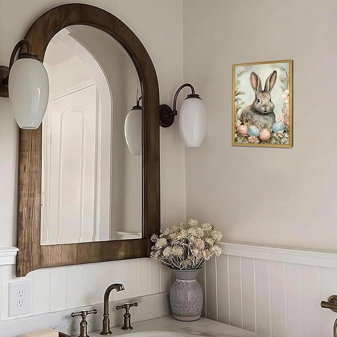 Easter Bunny Wall Art, Vintage Rabbit Canvas Wall Decor, Easter Eggs Poster Print Picture, Spring Farmhouse Animal Painting for Living Room Bedroom Kitchen Holiday Home Decor 8x10 Inch Wood Framed