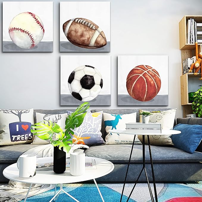 Sports Wall Art Boys Room Wall Decor Vintage Football Soccer Baseball Basketball Them Canvas Wall Arts for Kids Boy Bedroom Nursery Home Decoration 24x24" 4 Pcs Rustic Ball Artwork Painting Baby Gift