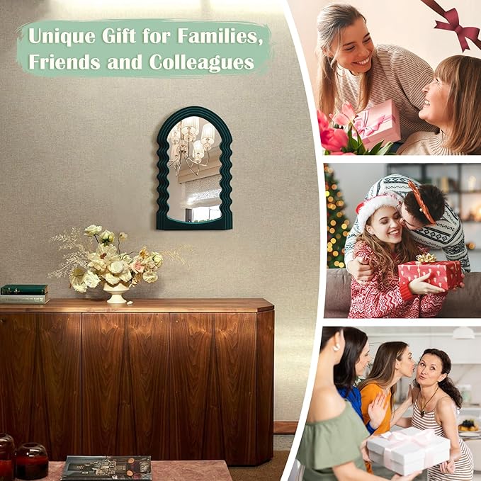 Green Wall Mirror Decor for Hallway Entryway, Irregular Arched Small Decorative Mirrors for Home Office Living Room, Modern Hanging Wall Art Sculpture for Christmas Wedding Gift (Green)