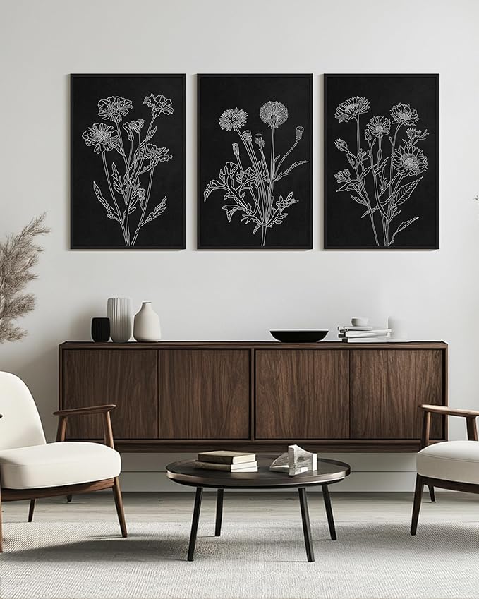 Drsoum Vintage Boho Botanical Flower Wall Art Framed Retro Floral Wall Prints Wildflower Neutral Rustic Bohemain Artwork Kitchen Bedroom Ready to Hang 24x36in Black Framed