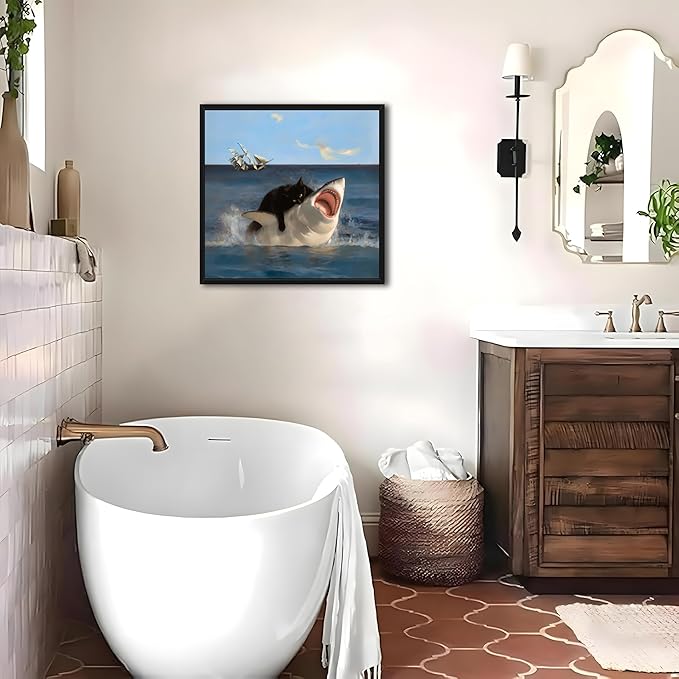 Floating Framed Black Cat Wall Art, Funny Quirky Cat and Shark Pictures Canvas Print, Abstract Black Cat Shark Posters Wall Decor for Room Bedroom Living Room Bathroom Aesthetic 20x20 inch