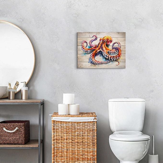 Ocean Bathroom Decor Octopus Wall Art Nautical Sea Animal Canvas Prints Rustic Marine Life Poster Vintage Coastal Pictures Painting Farmhouse Artwork for Bedroom Living Room Home Decoration 12x16"