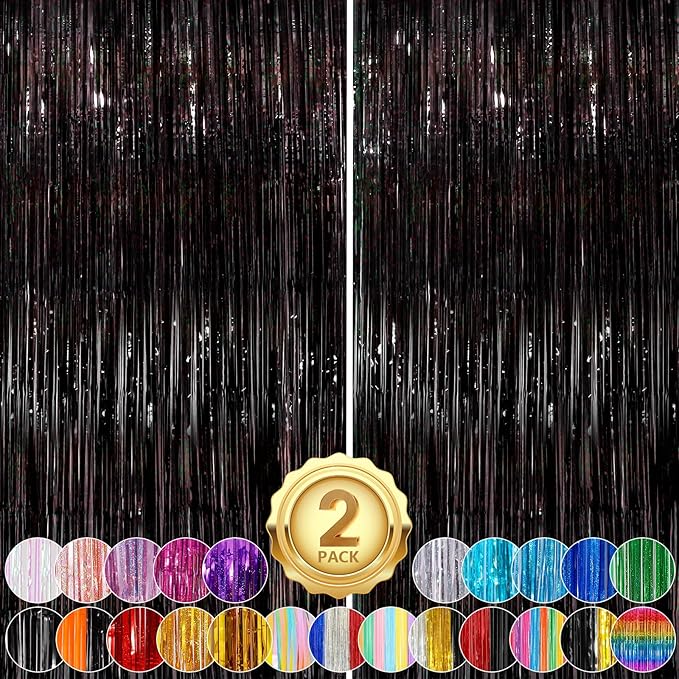 Black Fringe Curtain Party Streamers 2Pack 3.3x8.3 Ft Foil Fringe Backdrop Curtains for Birthday Wedding Bridal Baby Shower Holiday Tinsel Streamers Black Party Decorations Door Streamer